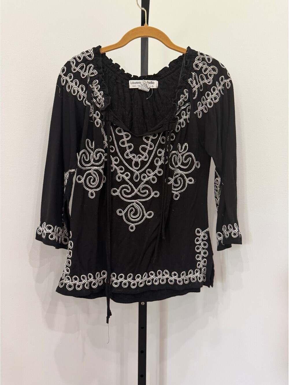 Lauren Michelle Black Embroidered Bohemian Blouse with Metallic Accents Large